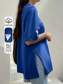 -Less Camiseta de manga corta holgada con parche de letras y bajo con abertura, camiseta de verano oversize, ropa casual de negocios para mujer - Azul - Ver 12
