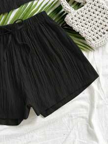 Conjunto de 2 piezas de camiseta sin mangas y pantalones cortos de unicolor casual para vacaciones de mujer - Negro - Ver 3