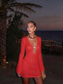 Vestido de manga larga de punto para mujer, estilo de vacaciones en la playa - Sello - Ver 5