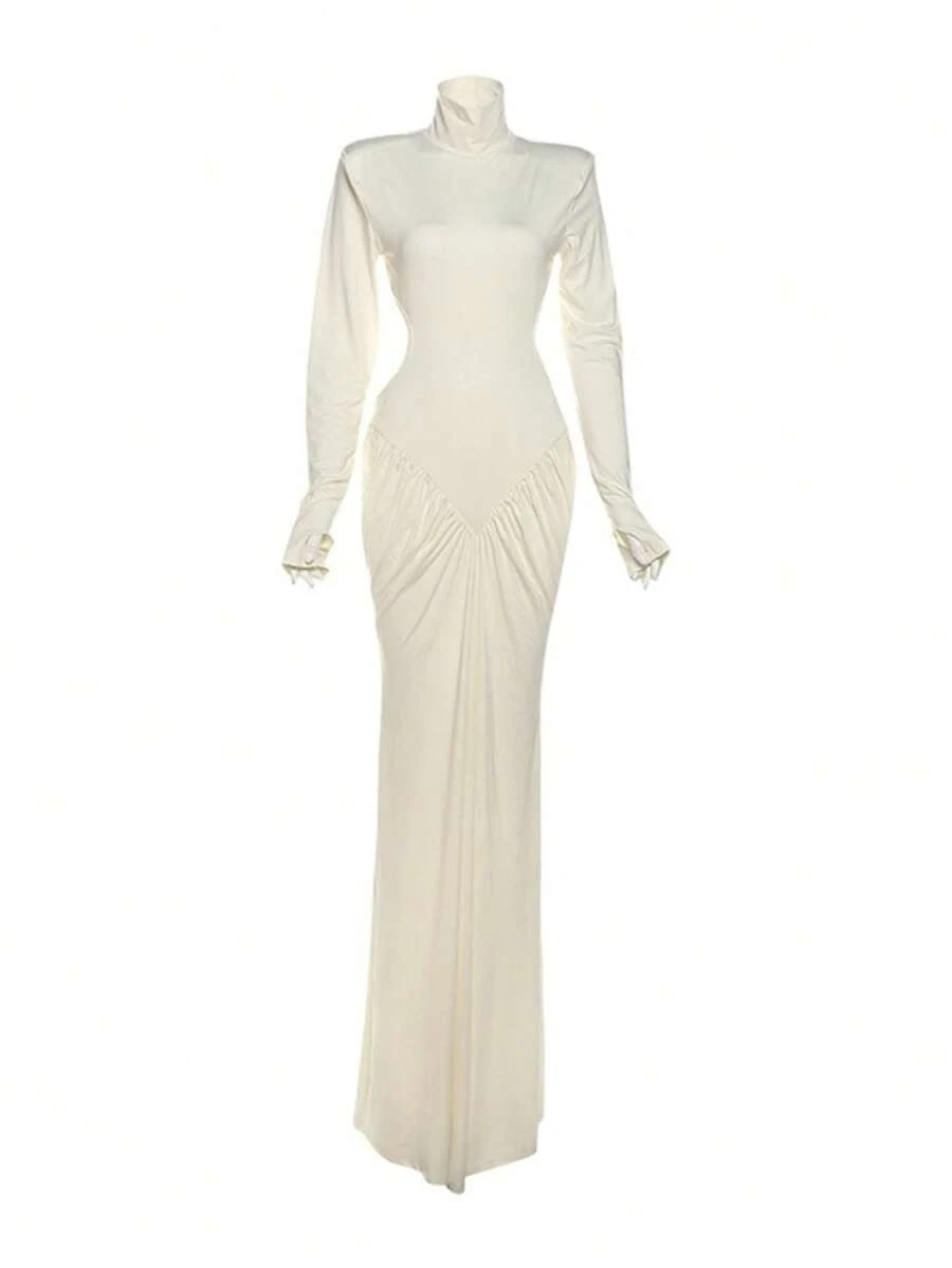 Vestido largo liso cuello alto verano 2025, ajustado elegante con espalda descubierta estilo moda - Albaricoque - Ver 1