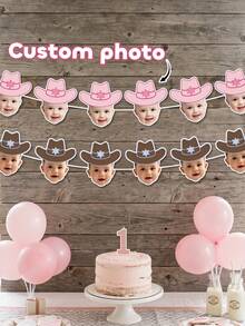 7/14/21pc Custom Personalized Cowboy Face Paper Banner Flags, Pink Cowgirl Brown Cowboy Banner Hanging Decor, Western Themed Birthday Party Supplies, My First Birthday Party Favors, Cowboy 1st Birthday, My First Rodeo, Party Decorations - Multicolor - View 4