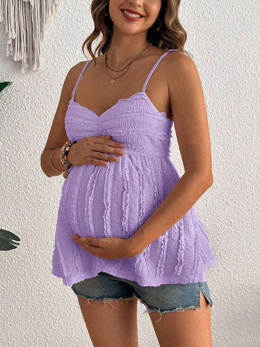 Women's Fashion Pleated Design Solid Color Lace Maternity Camisole - Purple - View 1