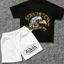 Mens Creative T Shirt And Shorts Set American Vintage Full Print Street Wear Essential T Shirt Set Men Graphic T Shirt And Shorts Set With Vonn Dutch Originals Logo Print - 黑色 - 查看 1