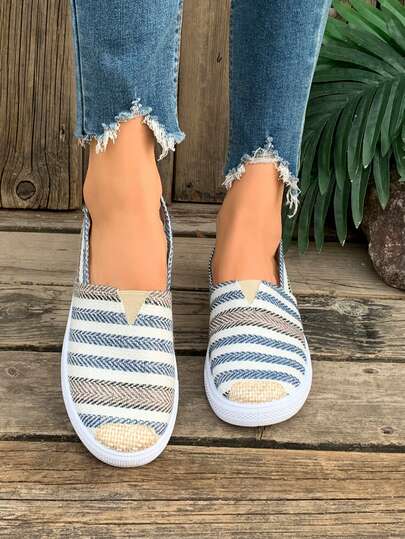 Nuevos mocasines de lino de rayas vintage de verano, zapatos planos casuales cómodos para el uso diario y caminar, para mujeres