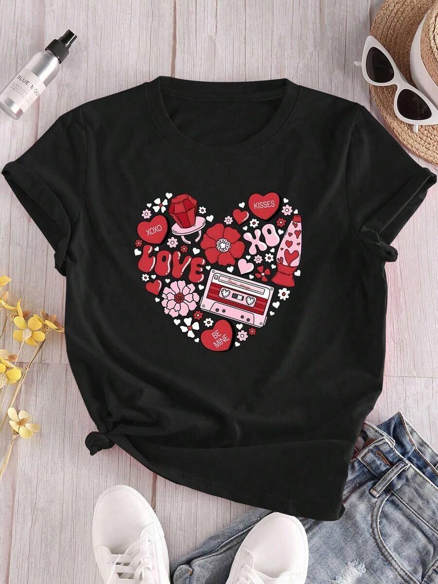 1 camiseta de corazón para el Día de San Valentín - Camiseta casual de manga corta con cuello redondo y estampado de corazones, tejido de punto, regalo para parejas en todas las estaciones, ajuste para todas las estaciones (tallas S-XXXL) - Lindo regalo para parejas, ropa romántica, conjuntos a juego para parejas. - Negro - Ver 1