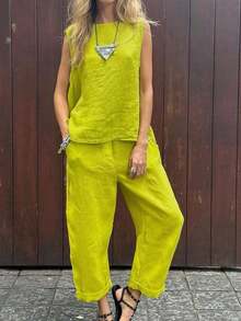2 piezas Conjunto de camiseta sin mangas y pantalones de unicolor casual para mujer, uso diario de verano - Verde - Ver 1
