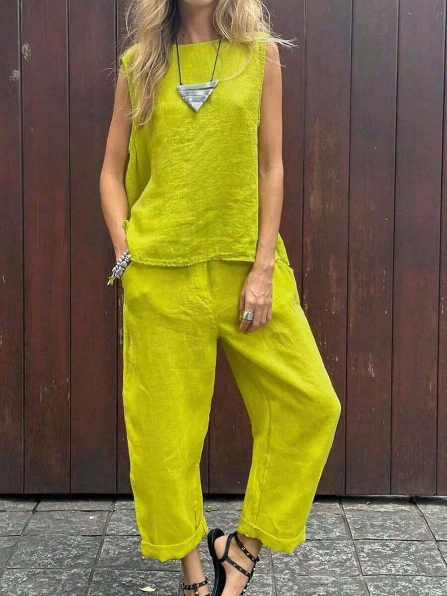 2 piezas Conjunto de camiseta sin mangas y pantalones de unicolor casual para mujer, uso diario de verano - Verde - Ver 1