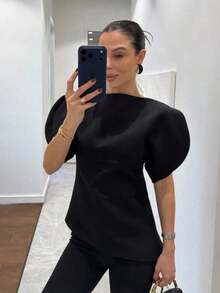 HH Blusa con mangas de pétalo y cintura ceñida, Vestido de fiesta de unicolor de manga corta y cuello redondo ajustado, Ropa de mujer asimétrica de verano - Negro - Ver 1
