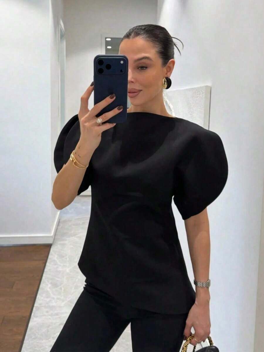 HH Blusa con mangas de pétalo y cintura ceñida, Vestido de fiesta de unicolor de manga corta y cuello redondo ajustado, Ropa de mujer asimétrica de verano - Negro - Ver 1