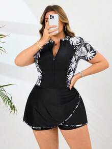 Swim  Nuevo traje de baño de una pieza elegante, traje de baño informal con estampado de hojas para mujeres de talla grande, traje de baño de una pieza para mujeres de talla grande, conjunto de shorts de dos piezas para mujeres de talla grande, traje de baño de una pieza para mujeres con curvas, conjunto de shorts para mujeres con curvas - Multicolor 2 - Ver 6