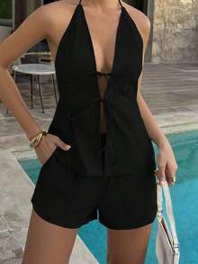 Conjunto de 2 piezas de top con escote en V y espalda descubierta con lazo, y shorts elásticos para mujer, adecuado para el hogar, la playa, citas, festivales de música, San Valentín y otras ocasiones, elegante en negro para el verano - Negro - Ver 12