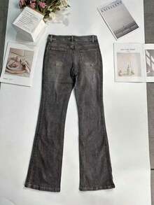 Jeans acampanados con bolsillos para mujer, estilo casual de otoño y primavera - Gris Oscuro - Ver 7