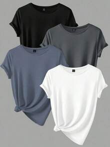 4 piezas Camisetas de manga corta de unicolor casual para mujeres - Multicolor 6 - Ver 5