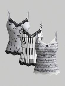 ROMWE Conjunto de 3 piezas con camiseta de tirantes con encaje y estampado de notas musicales y teclado de piano, estilo retro Y2K - Multicolor 2 - Ver 12