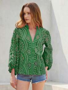 Camisa de mujer de unicolor con cuello Mao, versátil y casual para uso diario - Verde - Ver 4