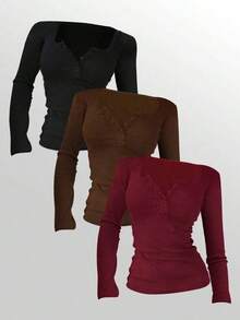 Camiseta de manga larga de unicolor informal para mujer, versátil y sencilla, para otoño - Multicolor 6 - Ver 7