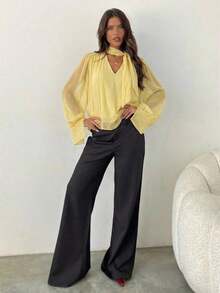 Blusa elegante de gasa con cuello en V profundo y mangas largas con lazo para mujer - Amarillo claro - Ver 3