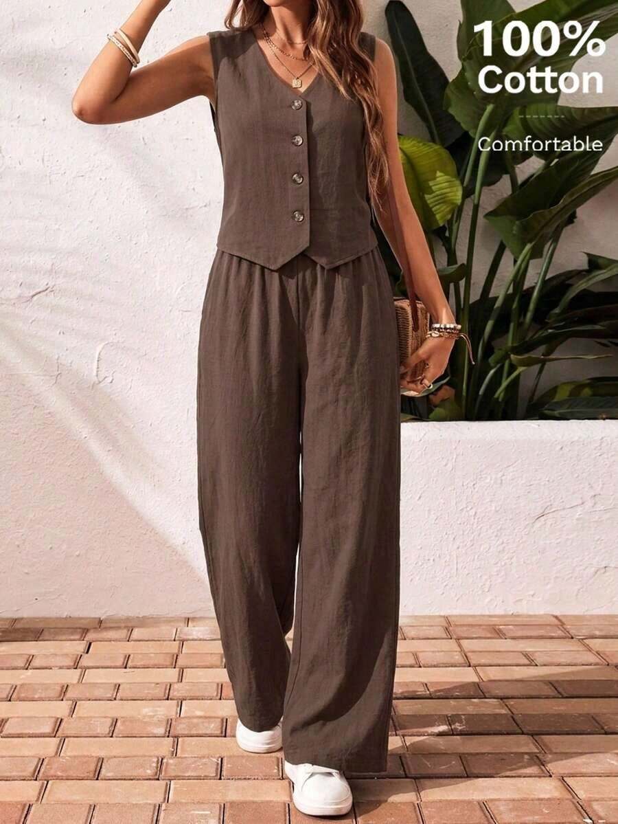 Frenchy Set de 2 piezas para mujer de top sin mangas y pantalones de estilo casual con un solo botón, para verano - Café integral - Ver 1