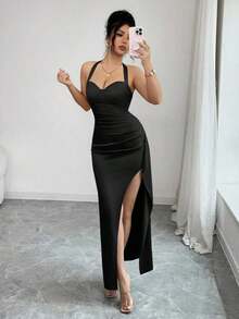 abyoxi Vestido de satén con tirantes finos, espalda descubierta y abertura alta, elegante y sexy, moda joven, adecuado para citas, cenas formales, vacaciones, bodas, cumpleaños, fiestas, vestido largo ajustado y elástico, para primavera/verano - Negro - Ver 7