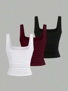 Camiseta sin mangas casual con cuello cuadrado y pliegues de unicolor para mujer - Multicolor - Ver 2