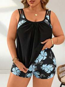 Swim Lushoire Set de 2 piezas para mujer con estampado floral tropical y diseño sin espalda, en talla grande, para verano, que estiliza la figura y es informal para la playa - Negro 3 - Ver 6
