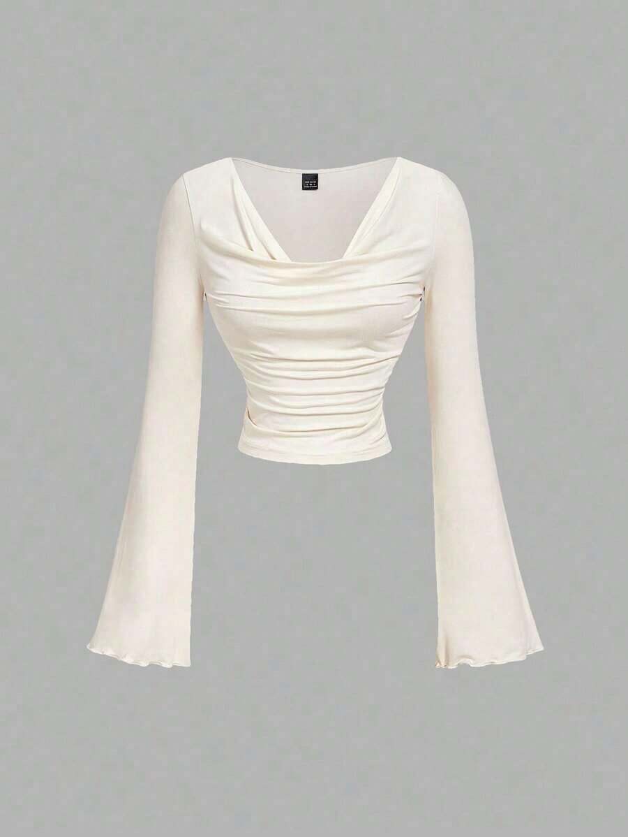Conjunto de camiseta de manga larga ajustada con cuello de volantes, mangas acampanadas y plisadas en 3 colores - Albaricoque - Ver 1