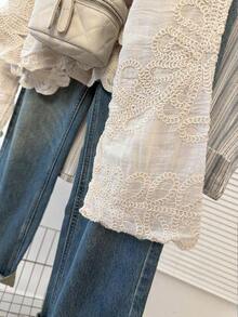 JIANHU Blusa de encaje de manga larga de verano para mujer - Blusa de estilo bohemio con detalles delicados calados y bajo acampanado, casual y elegante, adecuada para paseos por la ciudad, escapadas de fin de semana y citas| Ligera y transpirable - Albaricoque - Ver 8