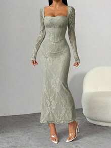 PETITE Vestido maxi negro ajustado de cuello cuadrado con copa de pecho, mangas largas de encaje con forma de S y escote sexy para fiesta de verano, cita y noche - Verde Gris - Ver 7