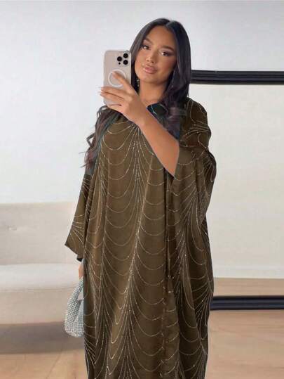 Áo choàng Abaya/Cardigan dáng rộng đính đá lấp lánh thời trang Trung Đông mới nhất mùa Xuân/Hè 2025 dành cho nữ