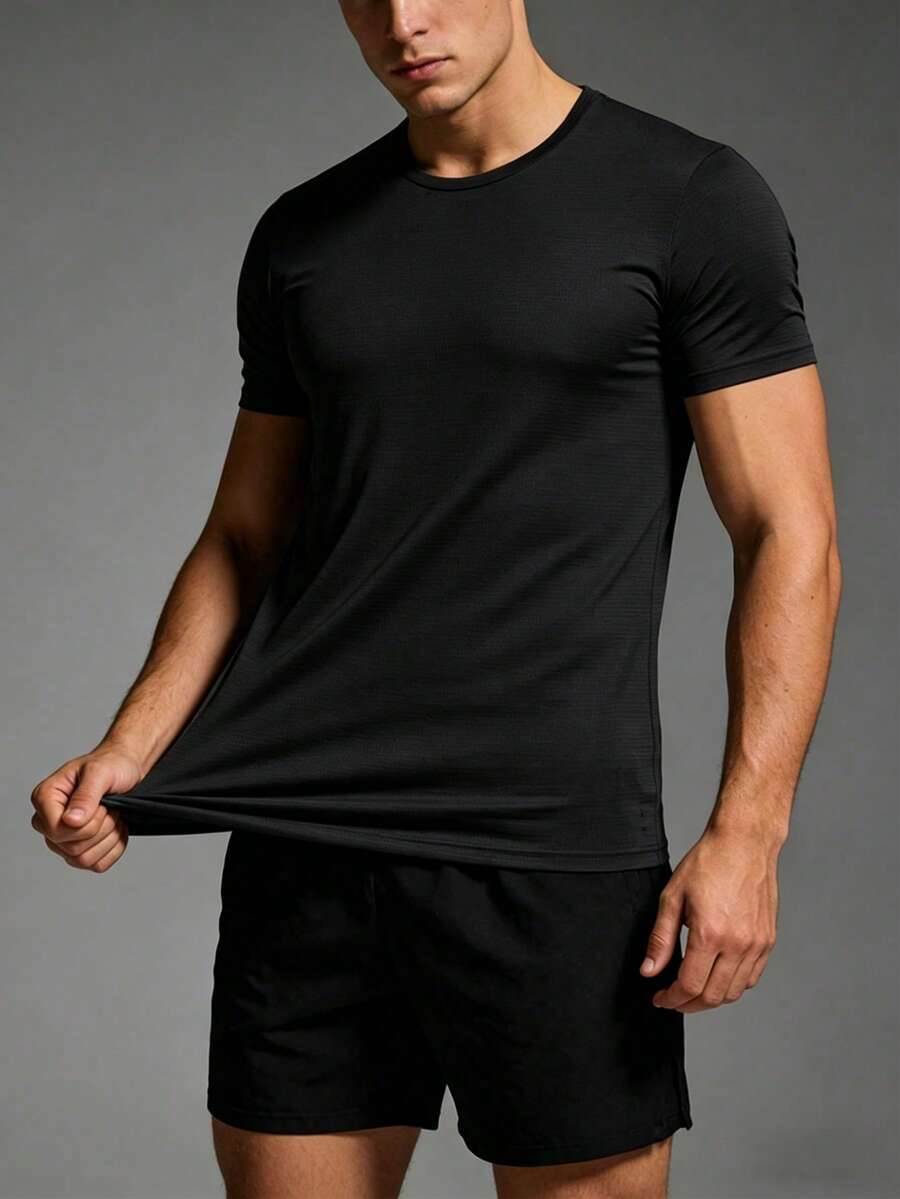 Camiseta de manga corta de cuello redondo casual para uso diario de hombre, verano - Negro - Ver 1