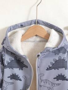 Chaqueta con capucha de forro polar con cremallera y estampado de dinosaurios para niños, adecuada para uso al aire libre, otoño/invierno - Gris - Ver 3