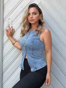 Camisa vaquera sin mangas con botones delanteros lavada para mujer - Lavado ligero - Ver 5