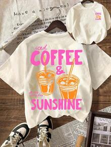 COFFEE CLUB Graphic T-Shirt, Casual Short-Sleeved Round Neck T-Shirt For Women, Suitable For Summer, Vacation, Pink Beach. - 淺杏色 3 - 查看 6
