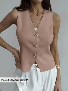 Blusa sin mangas de punto de un solo pecho con tirantes anchos, casual de verano, para otoño/invierno, verano, vacaciones, simple para ir al trabajo, con hebilla metálica única para oficina - Rosa vieja - Ver 8