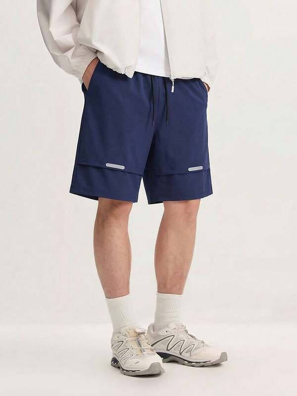 Men's Casual American Style Navy Blue Sports Shorts, Summer Reflective Stripe Design Elastic Drawstring Loose Straight Knee Length Pants, Streetwear