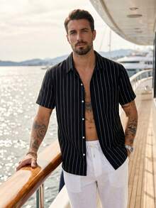 Summer American Linen Jacquard Loose Breathable Striped Men's Short Sleeve Casual Shirt - Black - View 1