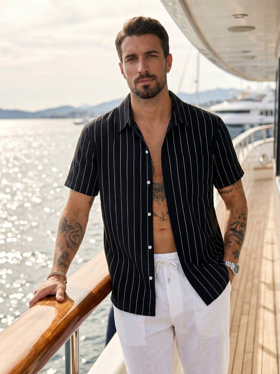 Summer American Linen Jacquard Loose Breathable Striped Men's Short Sleeve Casual Shirt - Black - View 1