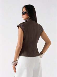 Chaqueta de mujer con cuello Mao estilo retro, adecuada para ir al trabajo - Marrón - Ver 2
