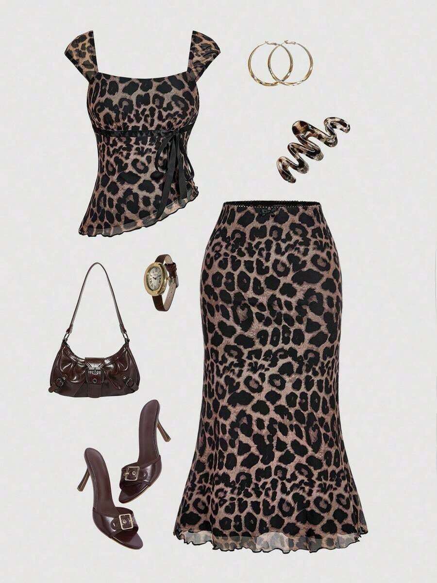 Conjunto de 2 piezas para mujer con lunares: top con dobladillo asimétrico y falda de cola de pez de cintura baja con decoración de lazo, retro, vintage, conjunto de verano de dos piezas, para invitada de boda, vacaciones, cumpleaños, concierto - Multicolor 4 - Ver 1