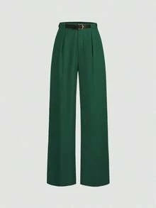 Pantalones rectos de cintura media de unicolor elegante con cinturón, negro, primavera - Verde - Ver 1