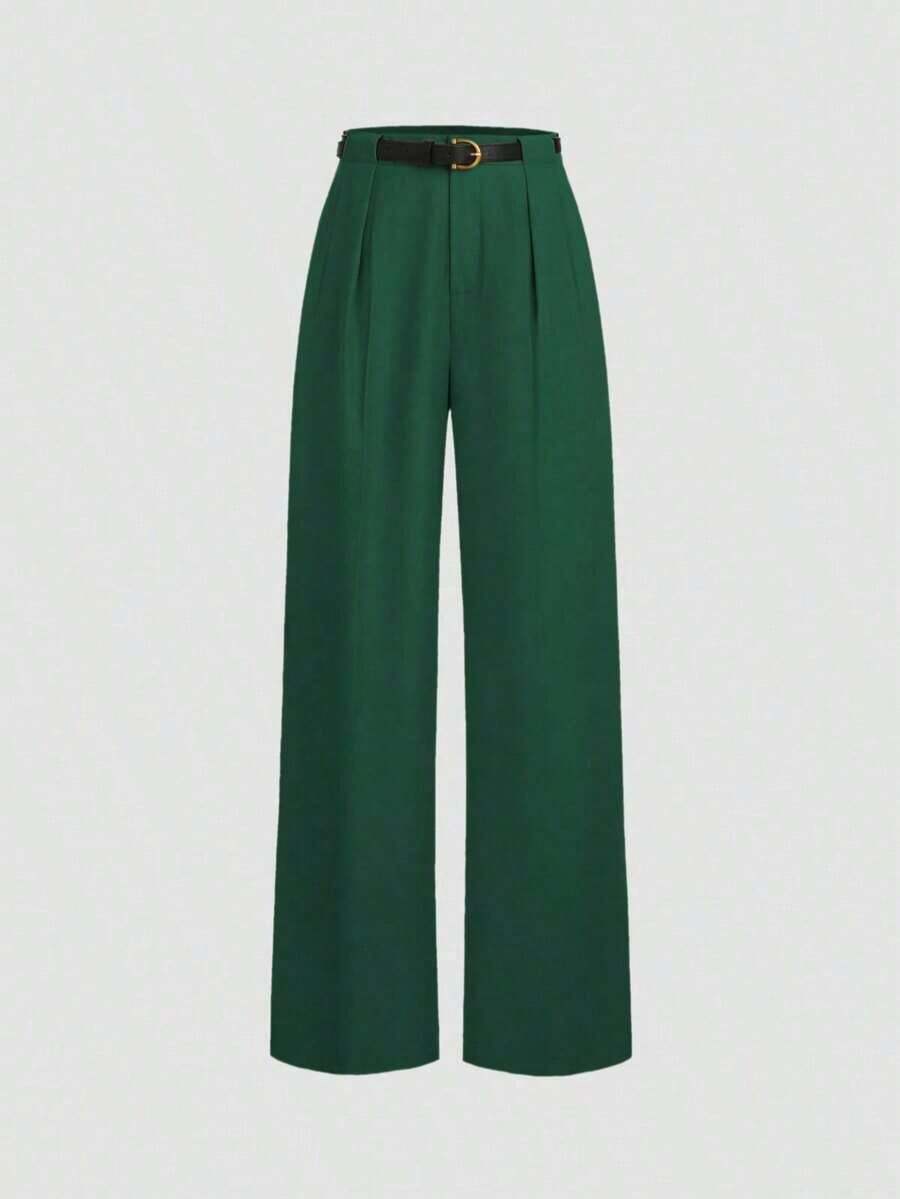 Pantalones rectos de cintura media de unicolor elegante con cinturón, negro, primavera - Verde - Ver 1