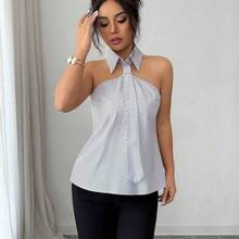 Camisa de rayas casual y de uso diario para mujer, minimalista y versátil - Caqui - Ver 6