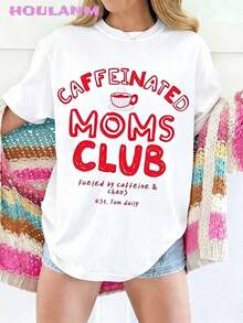 Camiseta de manga corta informal para mujer, estilo retro, con estampado de café y la frase "Caffeinated Moms Club", para vacaciones de verano. |   Tops de primavera, camiseta de manga corta de talla grande, ropa de mujer, ropa de verano para mujer - Blanco - Ver 10