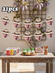 7/14/21pc Custom Personalized Cowboy Face Paper Banner Flags, Pink Cowgirl Brown Cowboy Banner Hanging Decor, Western Themed Birthday Party Supplies, My First Birthday Party Favors, Cowboy 1st Birthday, My First Rodeo, Party Decorations - Multicolor - View 30