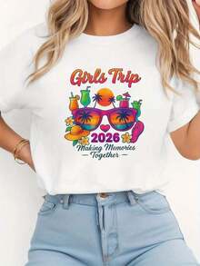 Women's Round Neck T-Shirt For Spring/Summer, Printed With "Girls Trip 2026 Making Memories Together," A Casual Gift For Vacations Or Shopping Trips, Perfect For Get-Togethers With Friends. LN3G - 白色的 - 查看 7