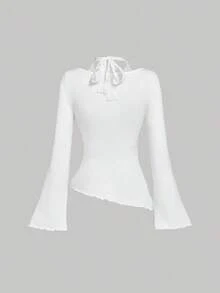 Women's Knit Lace Patchwork Asymmetrical Hem Ruched Choker Neck Lace Trim Tie-Up Waist Blouse - Blanco - Ver 2
