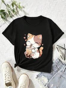 Oferta especial en tallas grandes: 1pc camiseta deportiva de manga corta y cuello redondo para mujer, 100 % algodón, de 180 g. Diseñada por un artista Y2K al estilo Bababask, ideal para el día a día, fiestas y todo tipo de celebraciones. Con un estampado de letras elegante y moderno, es perfecta tanto para regalar como para combinar en pareja, y se puede llevar en cualquier época del año. - Negro - Ver 1