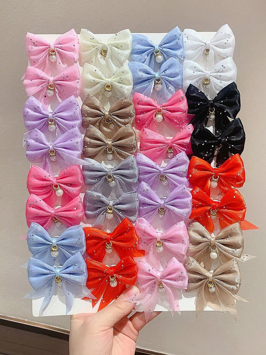 8件組彩色網紗蝴蝶結髮夾,水鑽與珍珠吊飾髮飾,優雅公主風小女孩髮飾,適合日常佩戴與派對 - 彩色 - 查看 1