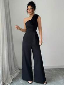Mono de mujer de unicolor con cuello asimétrico, sin mangas y con estampado floral 3D - Negro - Ver 4