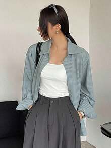 Camisa casual/escolar holgada a rayas para mujer, top de manga larga de estilo preppy para mujer, ropa de otoño - Niebla azul - Ver 5